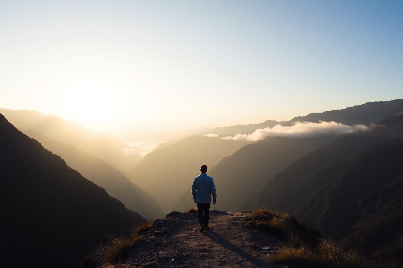 Persona caminando hacia el amanecer entre montañas